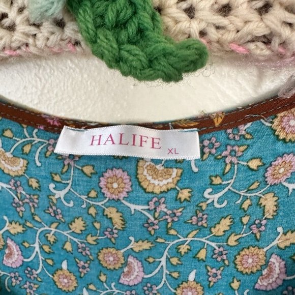 Halite Womens Teal Green & Brown Floral Boho Rayon Tunic Top Shirt Blouse XL - Picture 4 of 7
